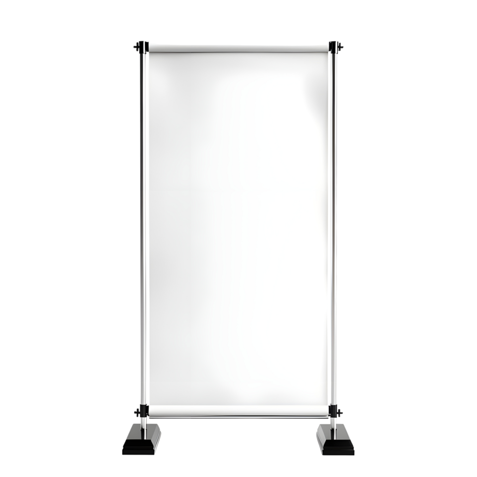 Modern roll-up banner stand with blank white display isolated on transparent background png