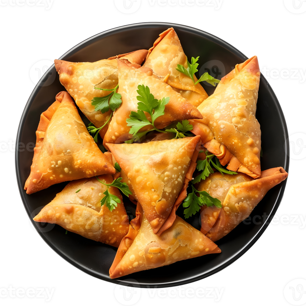 Golden brown samosas arranged in a triangle pattern isolated on transparent background png