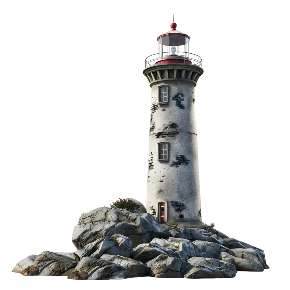 a lighthouse on top of rocks with a red roof png