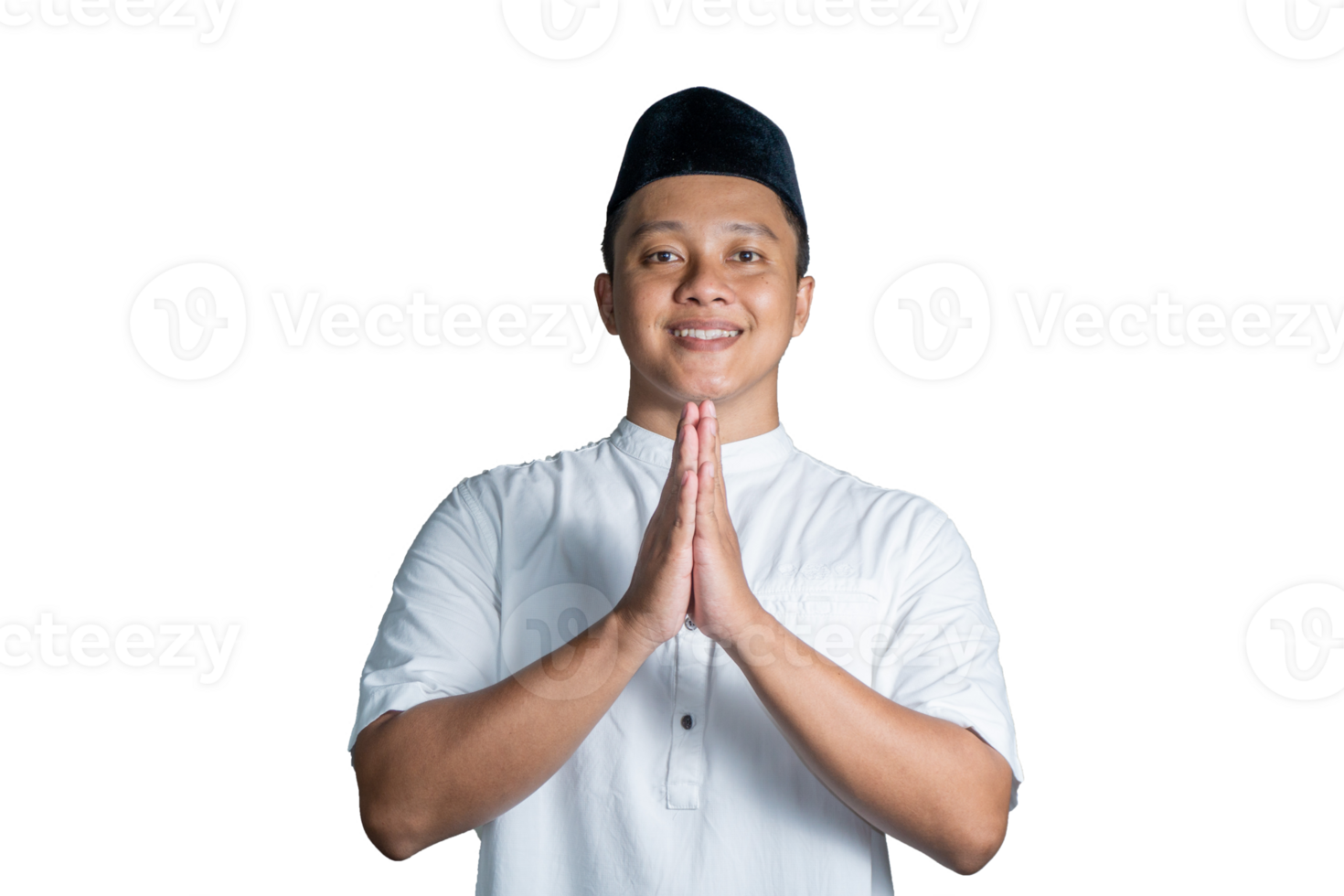 Muslim Asian guy smiling happy and shows Eid Mubarak greeting and welcoming Ramadan gesture png