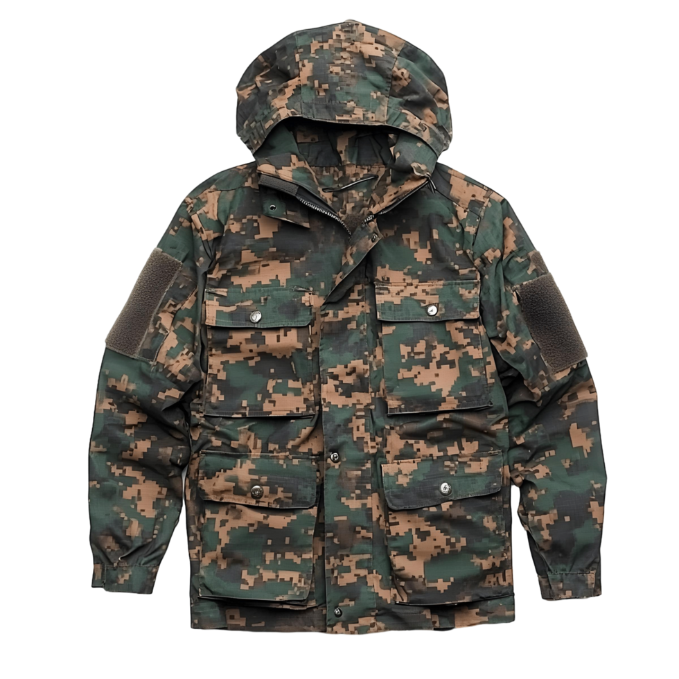 Camouflage jacket with an attached hood for all weather use png