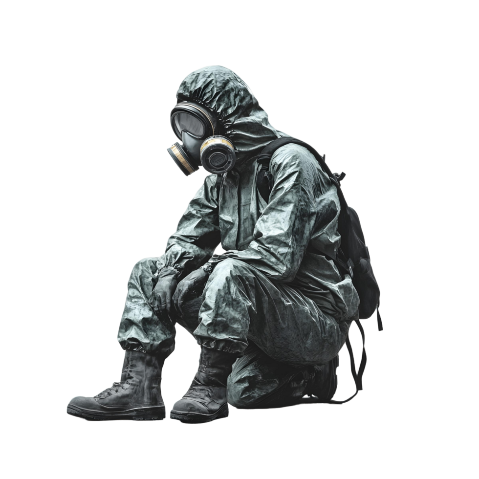 Man seated in a hazmat suit with a backpack strapped on png