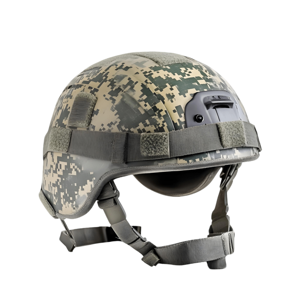 Camouflage helmet featuring a protective black visor png