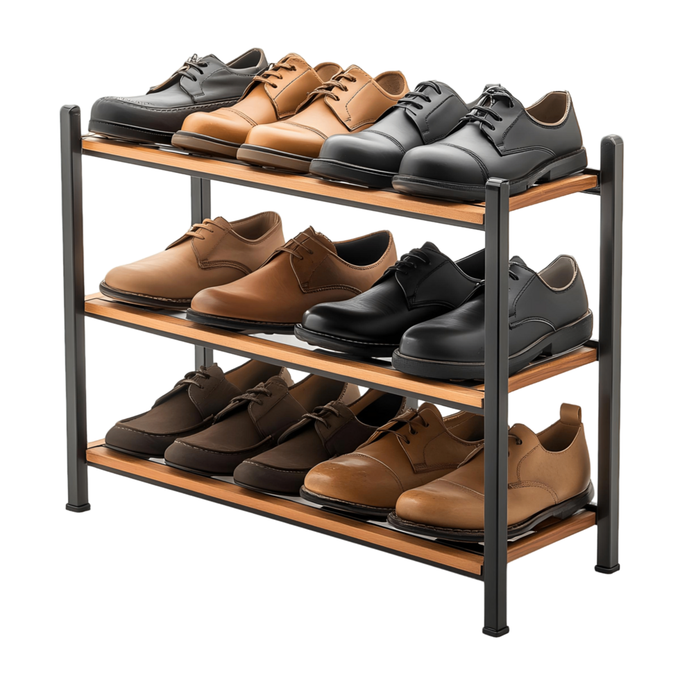 Shoe rack with three tiers displaying a variety of footwear png
