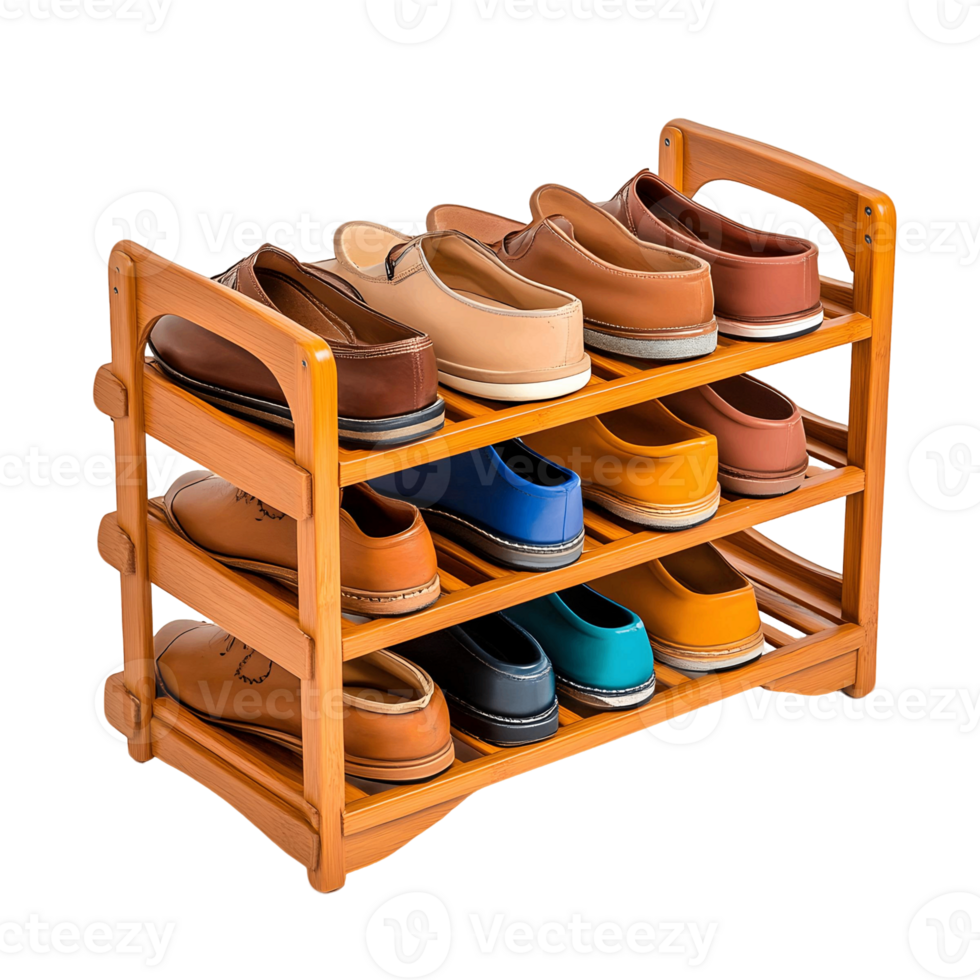 Shoe rack with an array of stylish footwear neatly arranged png