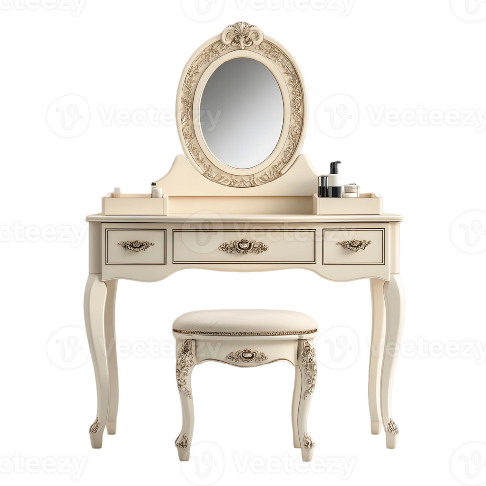 Small white vanity set with a mirror and stool png