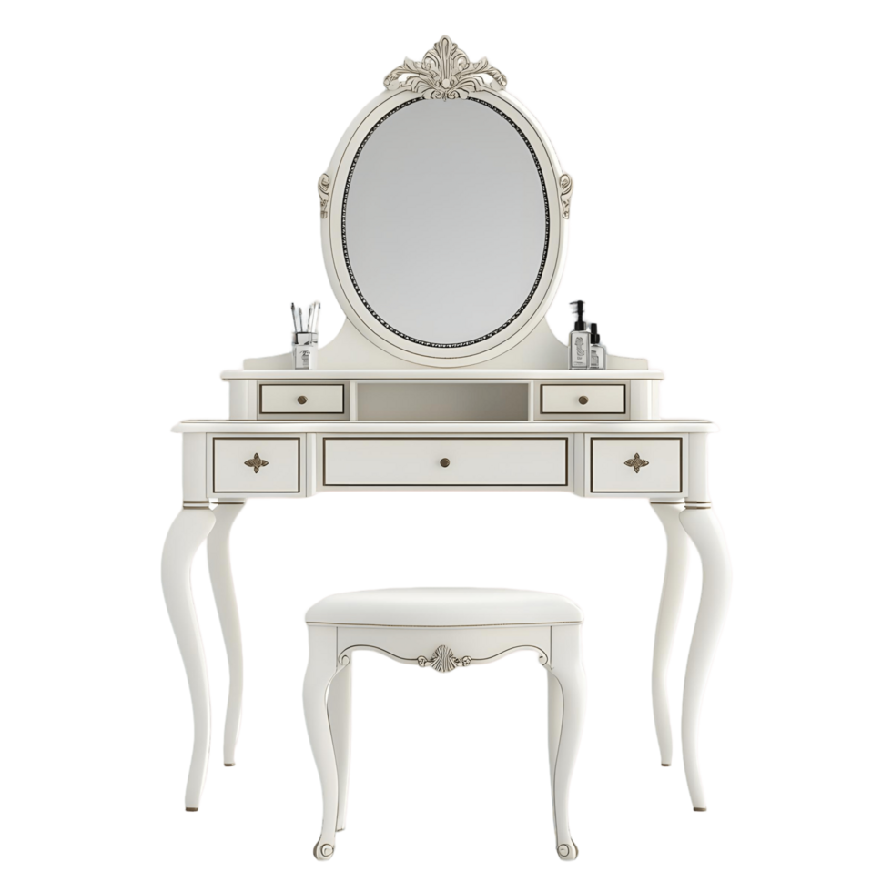 Elegant white vanity table complete with a mirror and stool png