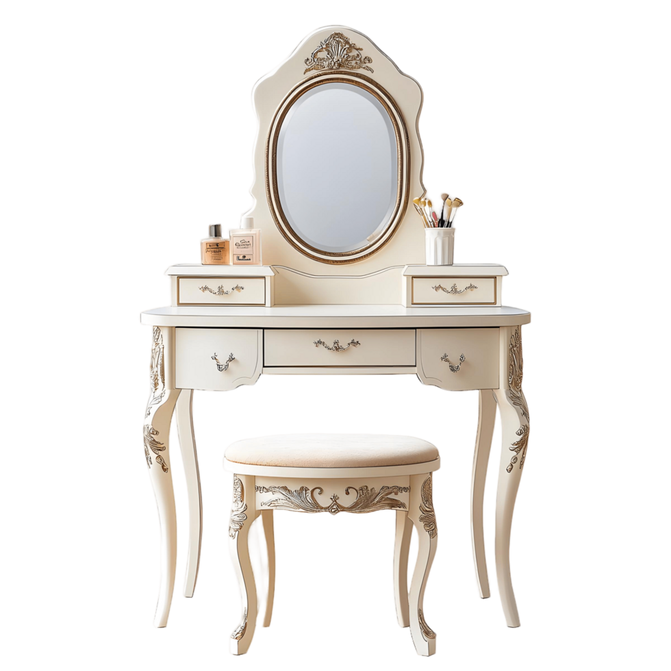White vanity with a mirror and a matching stool png