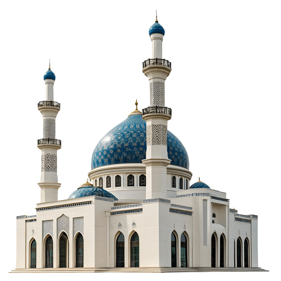 A large white mosque with blue domes png