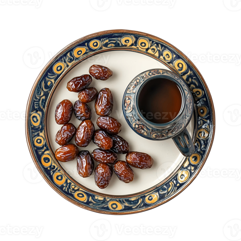 A plate with dates and a cup of coffee png