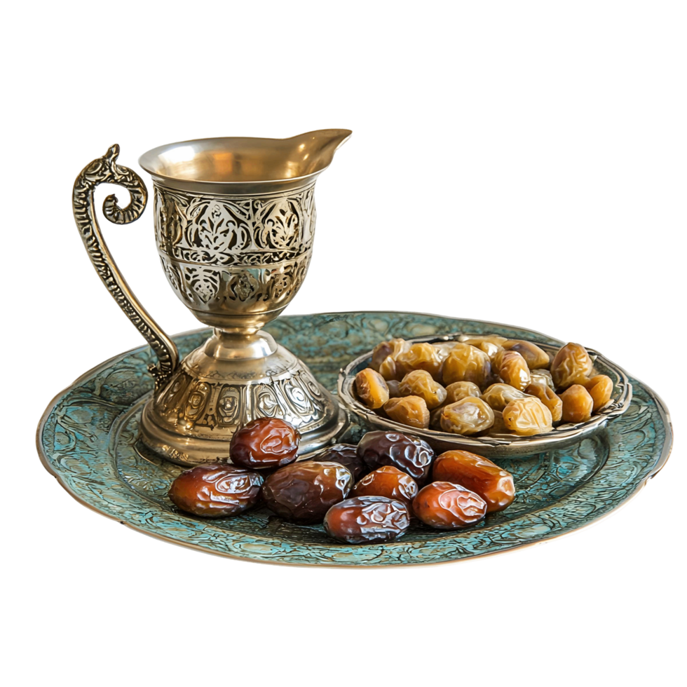 A silver pitcher and a bowl of dates png