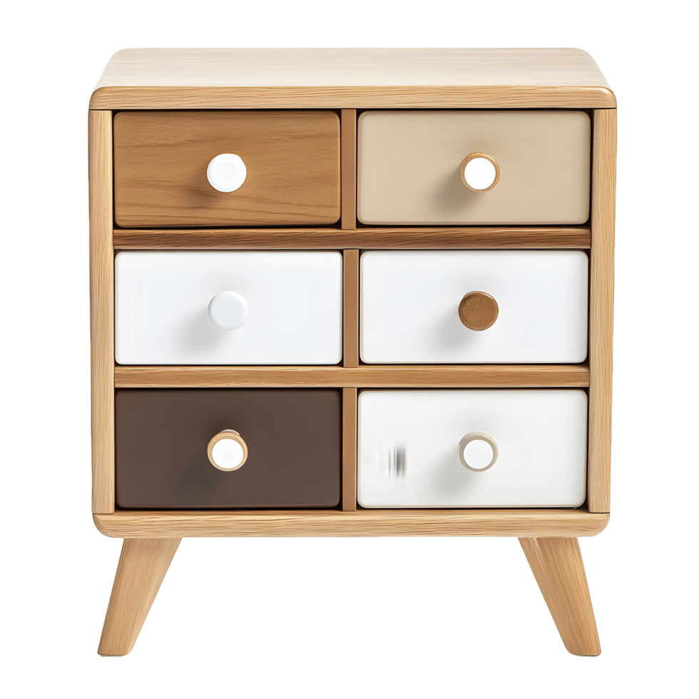 A wooden chest with five drawers and a white and brown color scheme png
