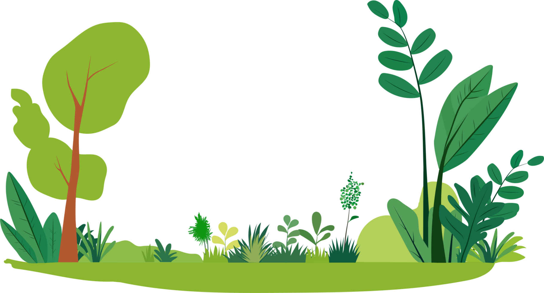 Spring landscape with grass, flowers, trees, and lush foliage png