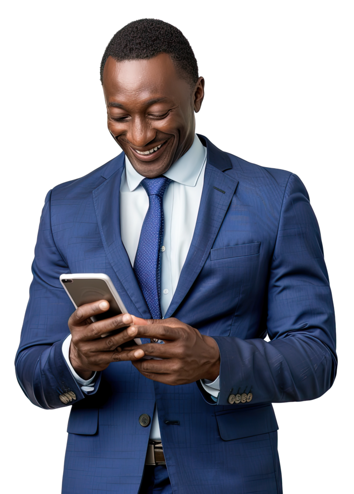 Old business black man in suit and tie using mobile phone png