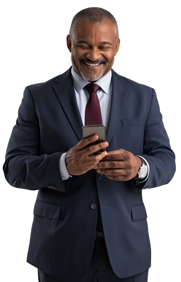 Old business man in suit and tie using mobile phone png