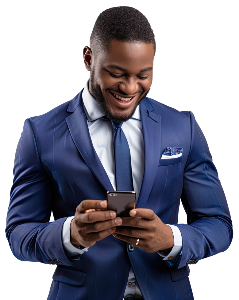 a man in a blue suit is smiling and using his phone png
