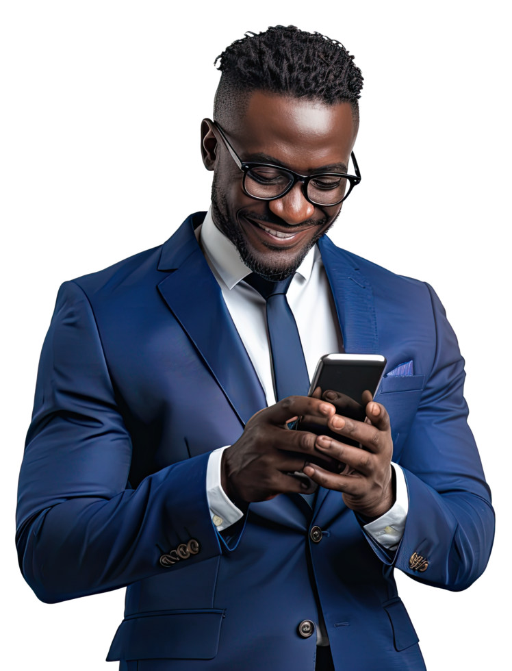 a man in a blue suit and glasses is using his phone png