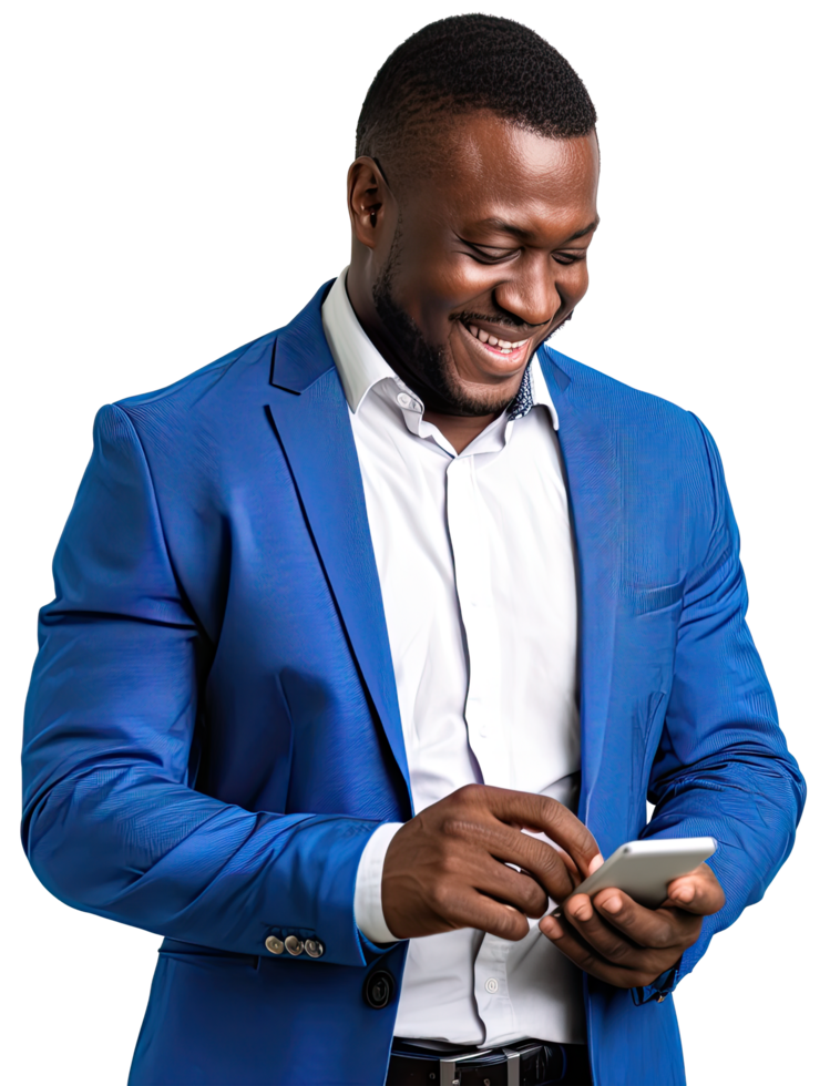 a smiling african man in a blue suit is using his phone png