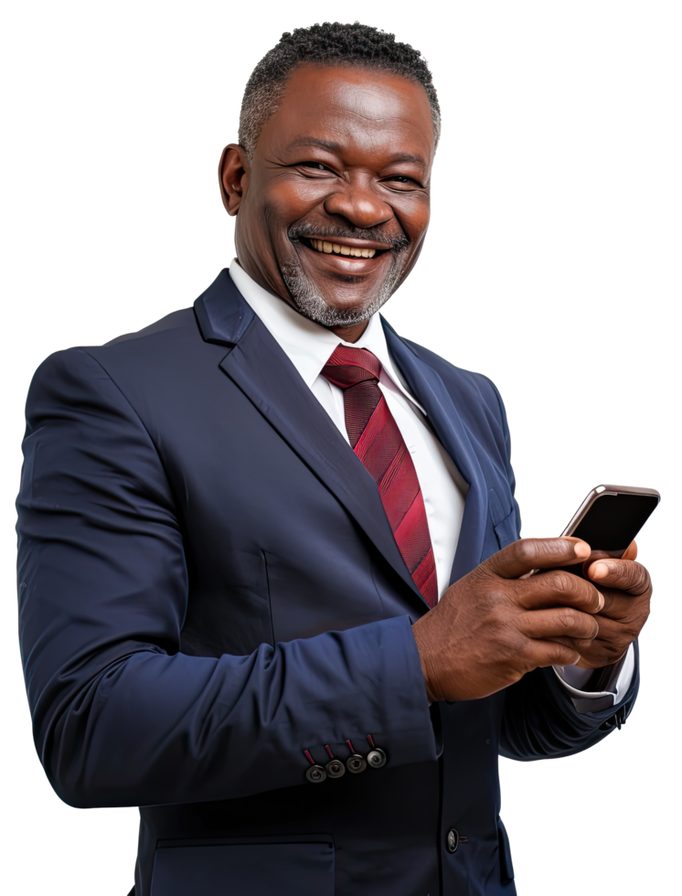 an african man in a suit and tie holding a cell phone png