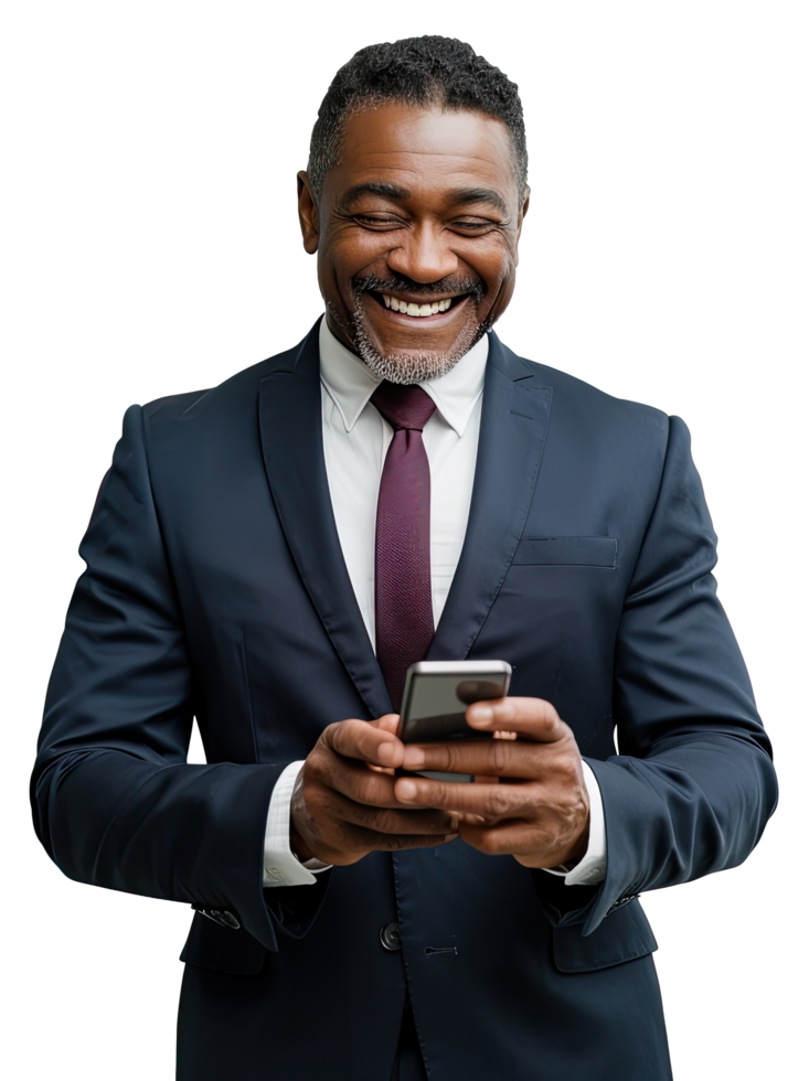 an african american businessman in a suit and tie is smiling and holding his phone png