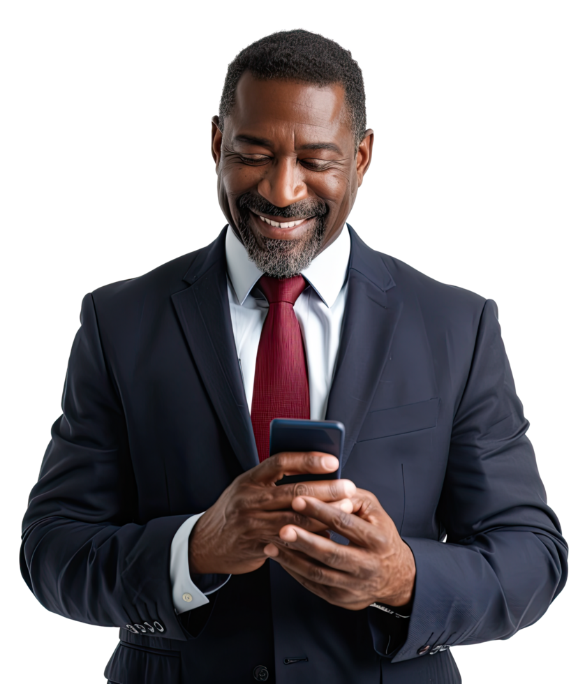an african american man in a suit and tie is using his phone png