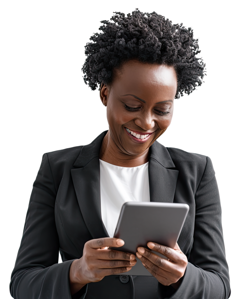 an african american woman in a business suit is using her tablet png