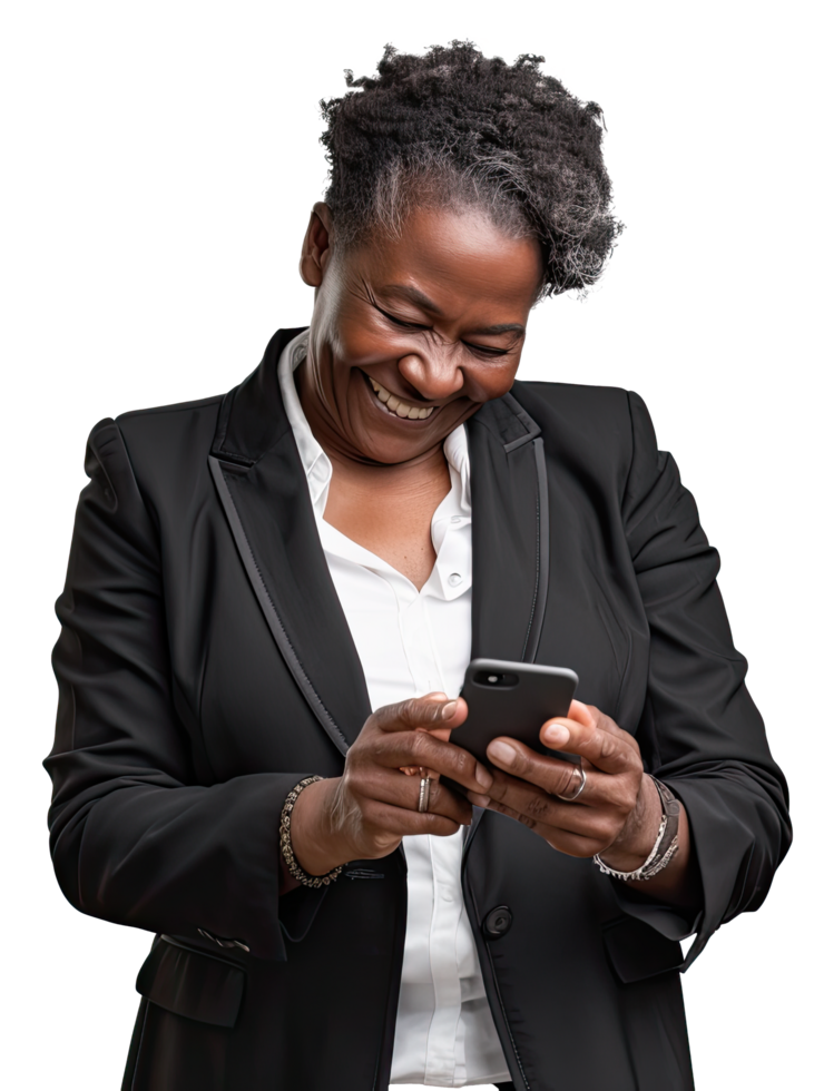 an african american woman in a business suit using her phone png