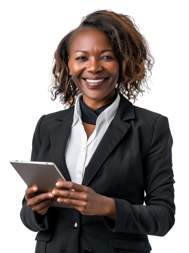 Black woman in a business suit holding a tablet png