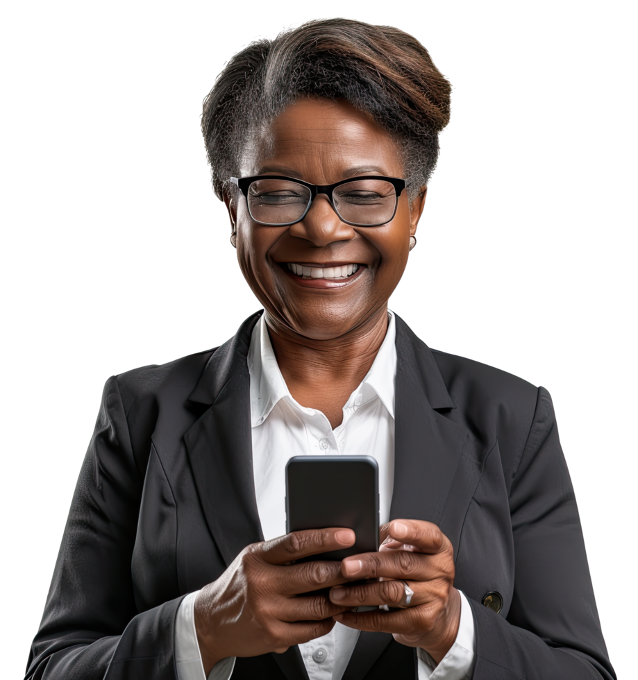 an african american woman in a business suit holding a smart phone png