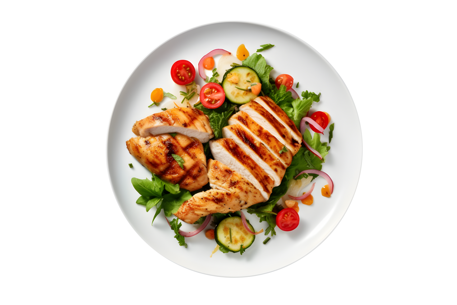 grilled chicken breast with vegetables and salad on a plate png