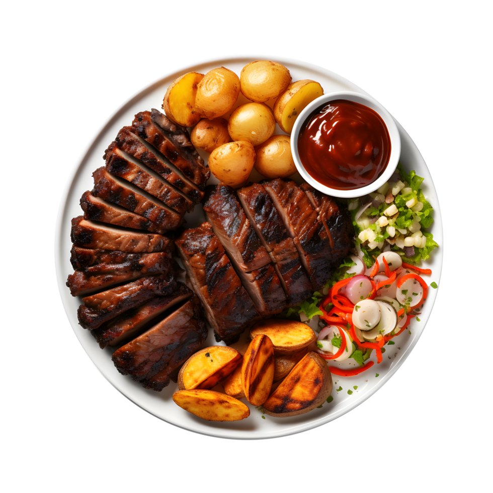 Top view a plate with BBQ Meat, potatoes and vegetables on it png