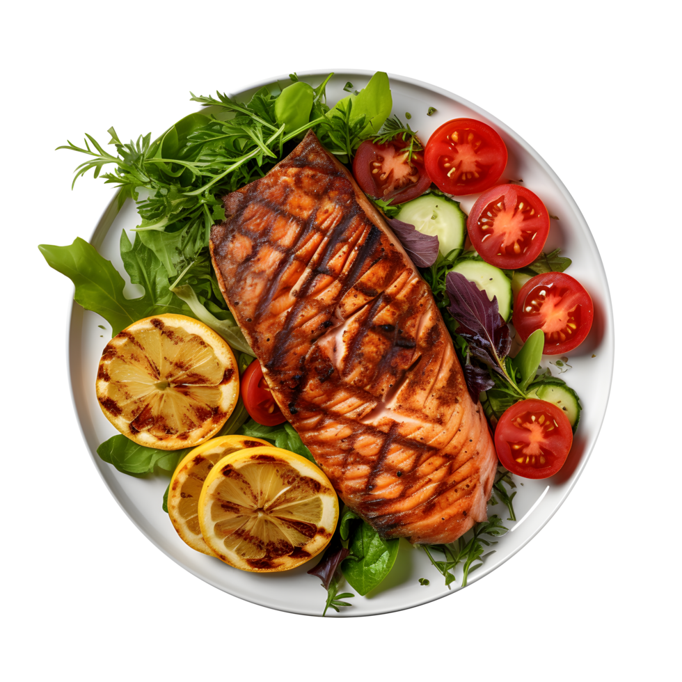 grilled salmon steak with vegetables and lemon on white plate png