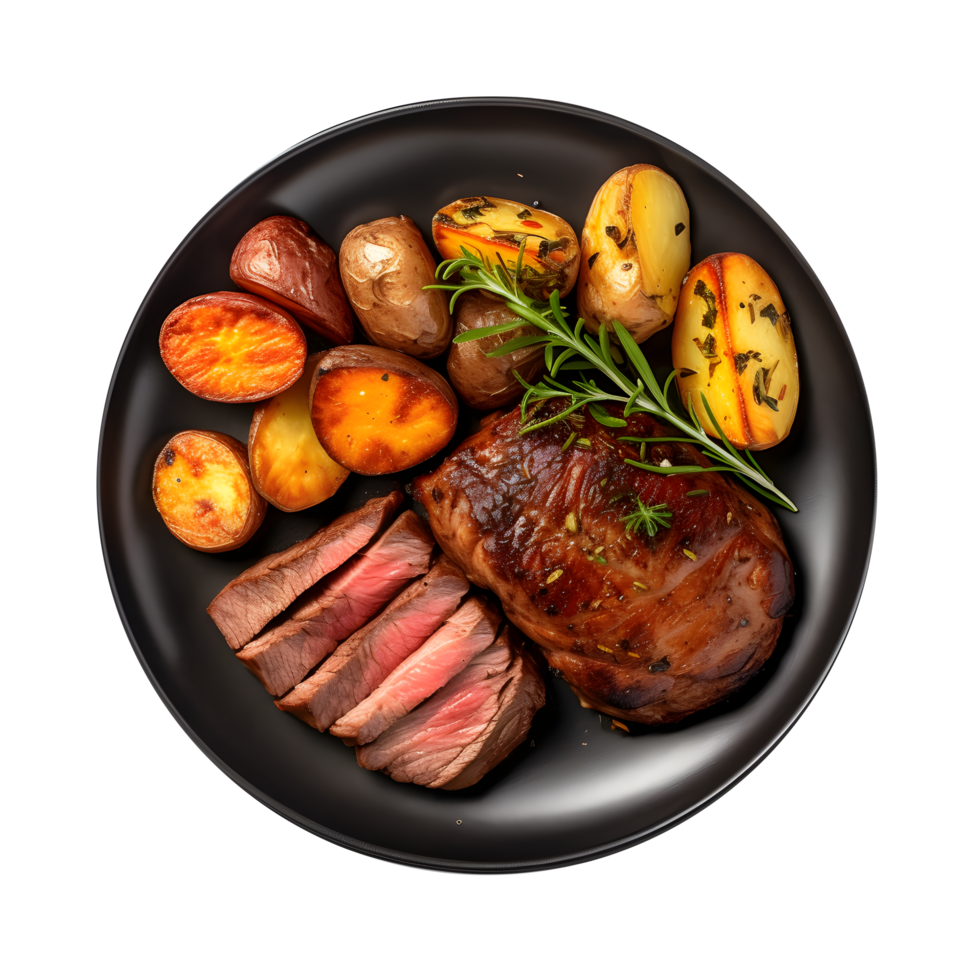 grilled steak, potatoes and rosemary on a black plate png