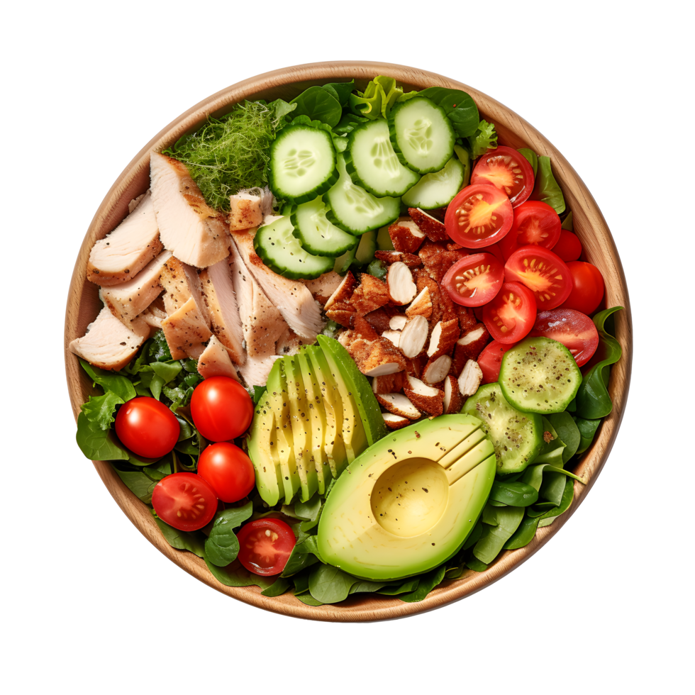 a salad with chicken, avocado, tomatoes and cucumbers png