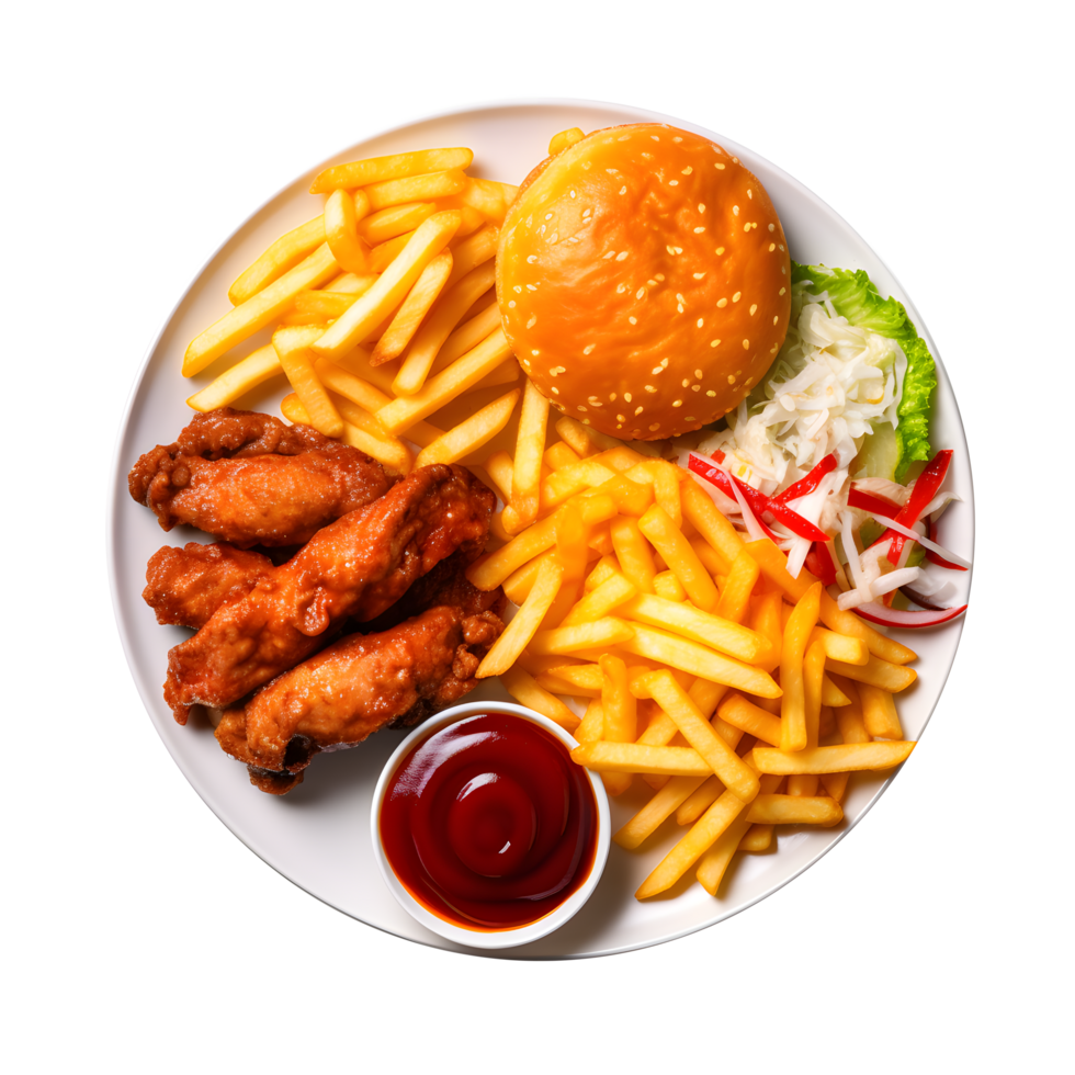 plate with chicken, fries and ketchup on it png