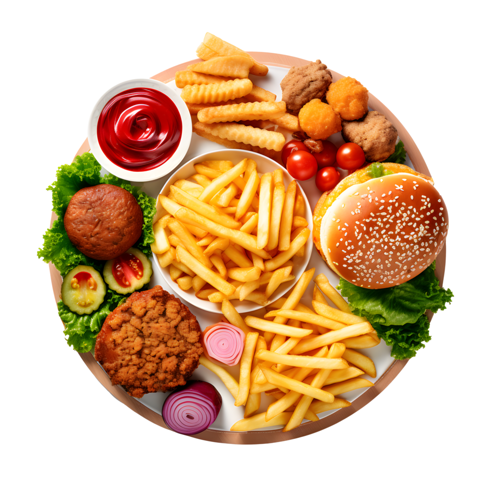fast food hamburger, fries, onion rings, ketchup, lettuce, tomato, ketchup png
