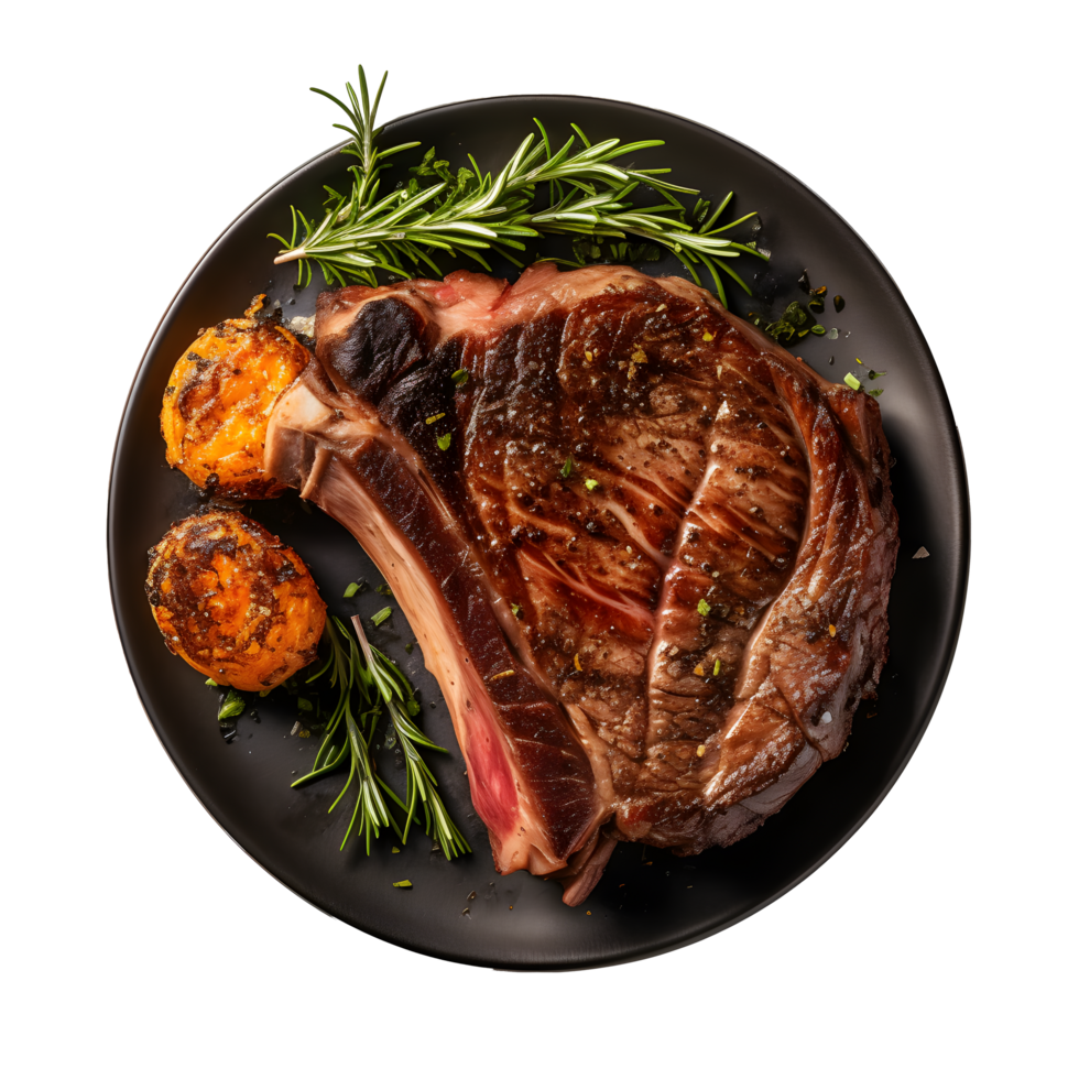 grilled steak with potatoes and rosemary on a plate png