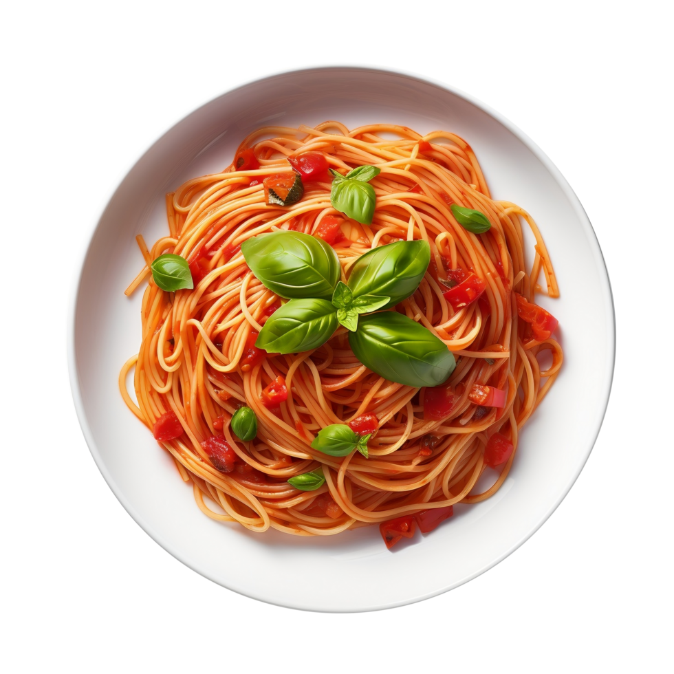 spaghetti with tomato sauce and basil on white plate png