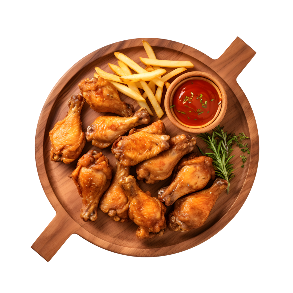 chicken wings and fries on a wooden plate with ketchup and sauce on a white background p png