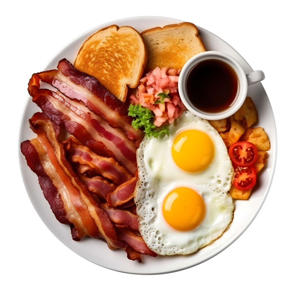 breakfast plate with eggs, bacon, toast and coffee png