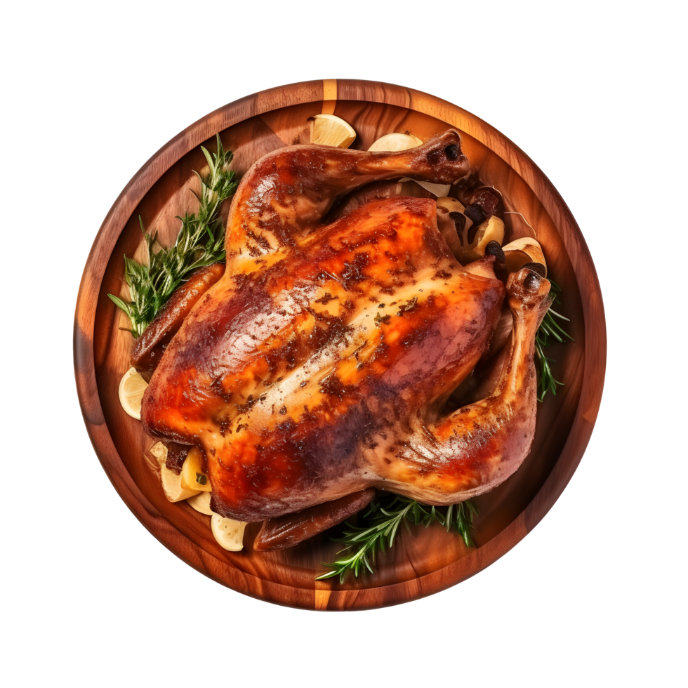 Top view roasted turkey on a wooden plate with rosemary png