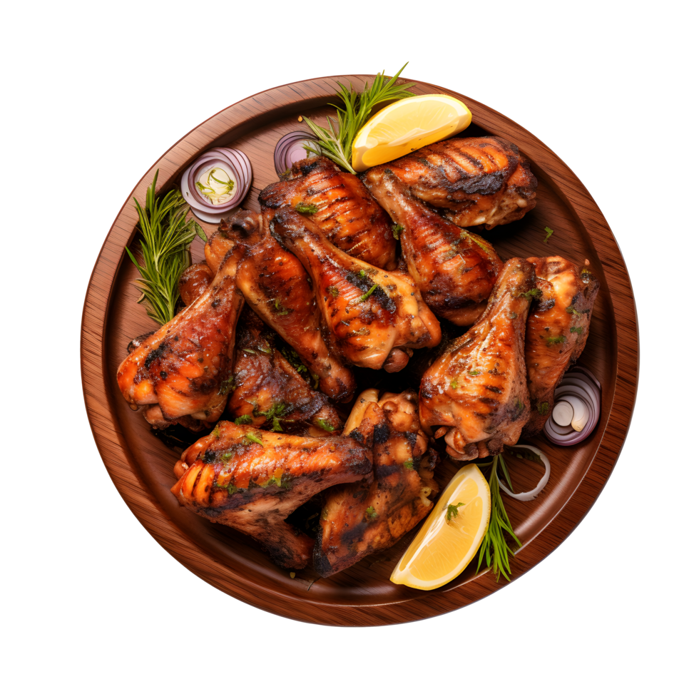 Top viegrilled chicken wings on a wooden plate with lemon slices and rosemary png