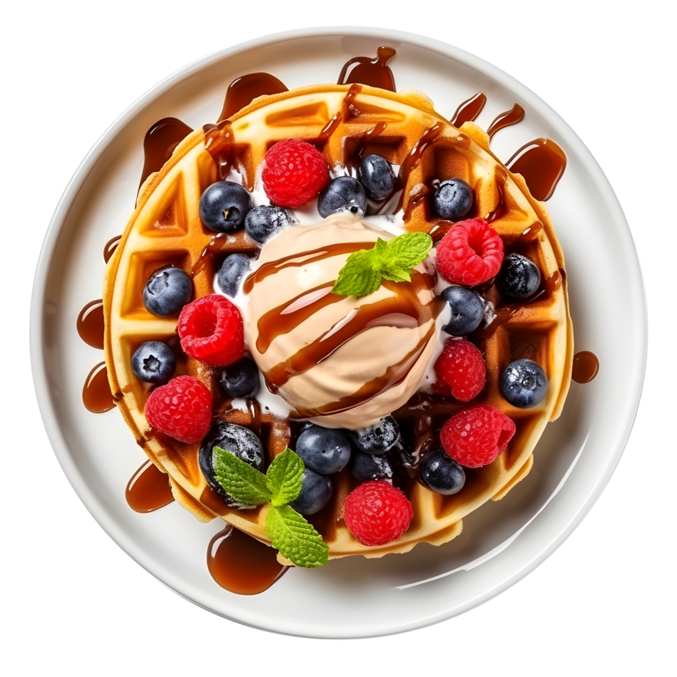 waffle with berries and ice cream on a plate png