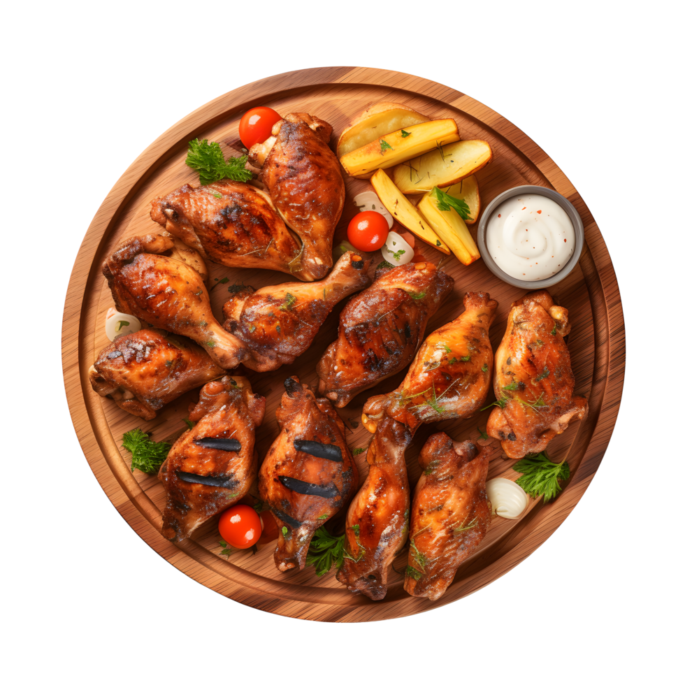 grilled chicken wings on a wooden board with vegetables and sauce png