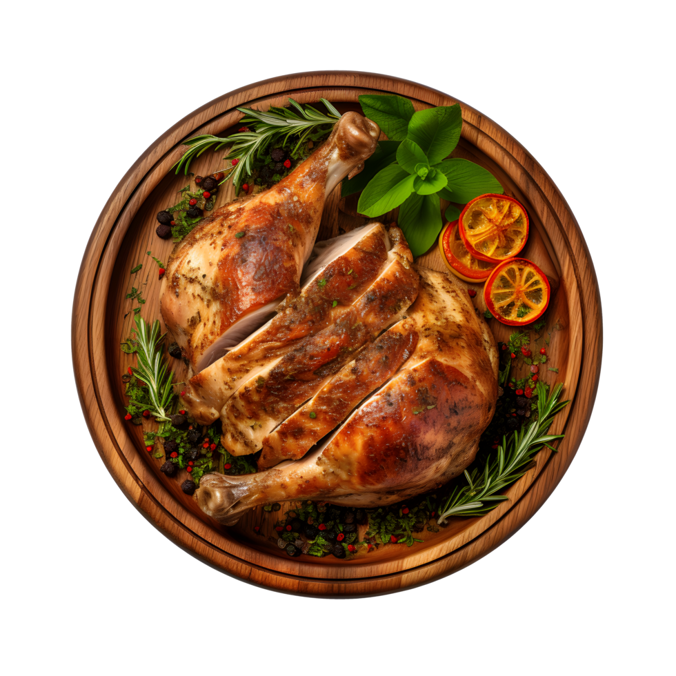 roasted chicken on a wooden plate with herbs and spices png