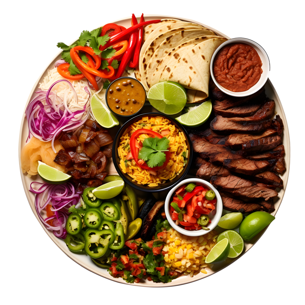 mexican food plate with meat, vegetables, and tortillas png