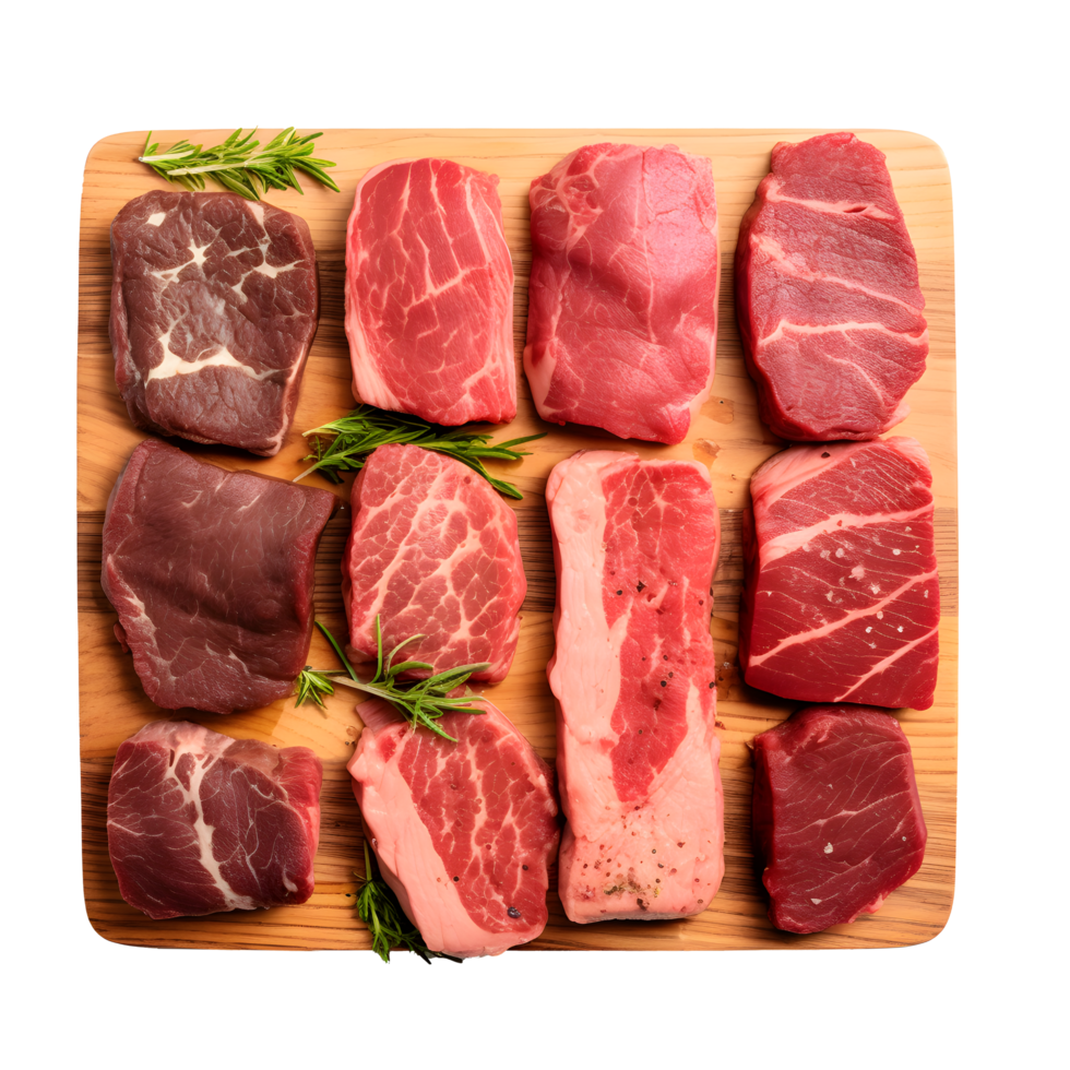 meat on a cutting board with herbs and spices png
