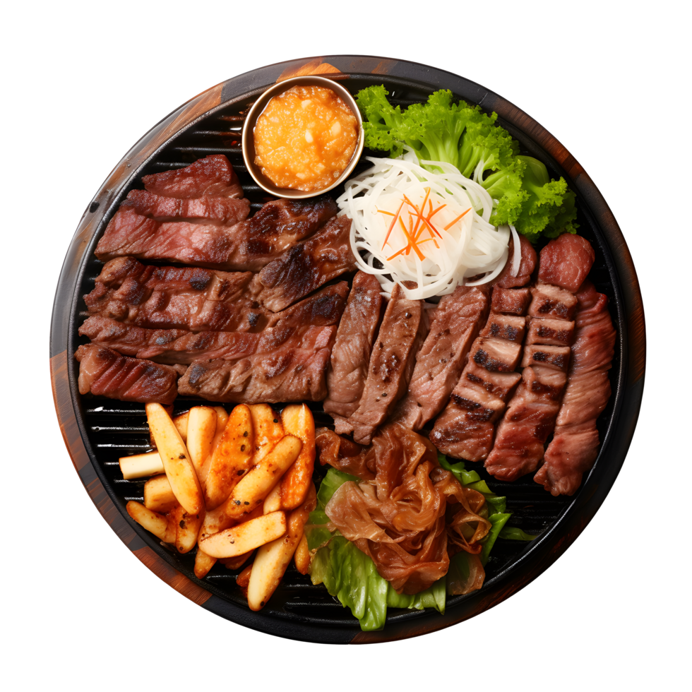 a plate with steak, fries and vegetables png