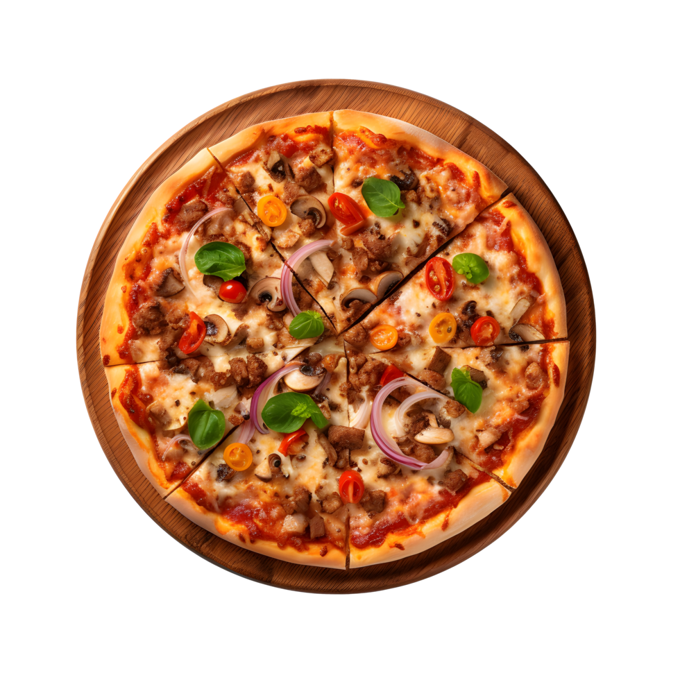 pizza with meat and vegetables on a wooden board png