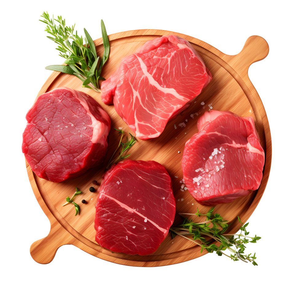raw beef steaks on a wooden cutting board with herbs and spices png